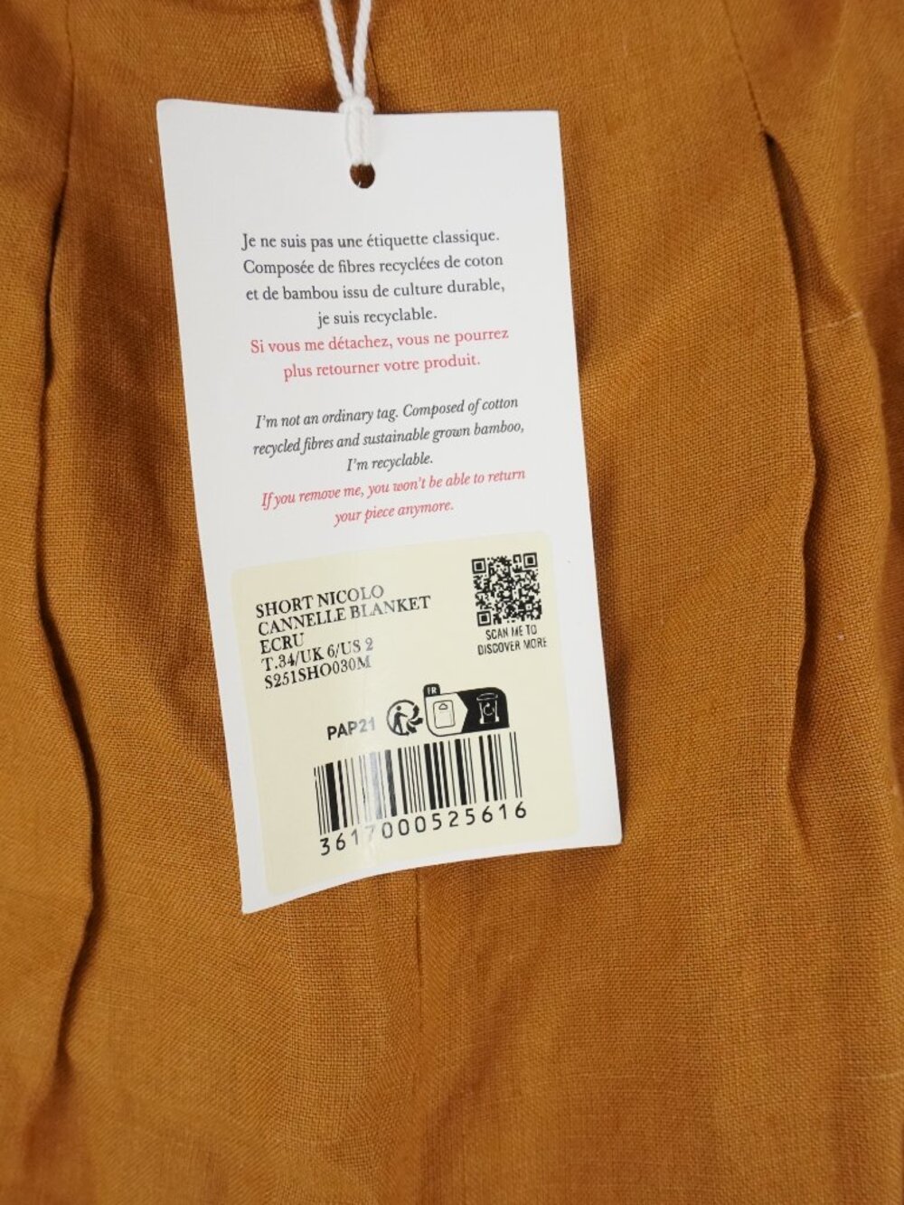 Sezane Nicolo High Waisted Linen Shorts in Cinnamon w/ Ecru Trim - Size 2 - NWT - Picture 5 of 10